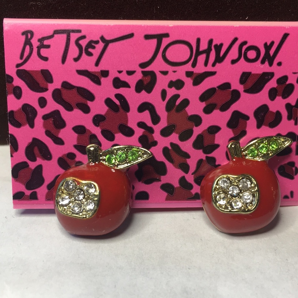 Betsey Johnson Gold enamel red apple with  green leaf & rhinestone bite earring.